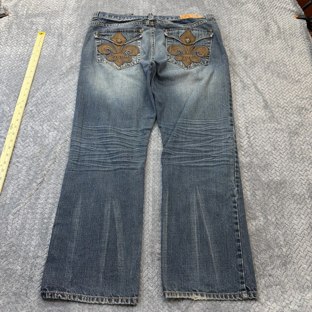 TM Exposure Jeans Mens 38x29 Blue Denim Y2K Fleur De Lis‎ Streetwear Rivets